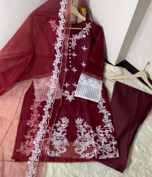 Women's Stitched Embroidered Suit Set in Maroon - 3 Pcs
