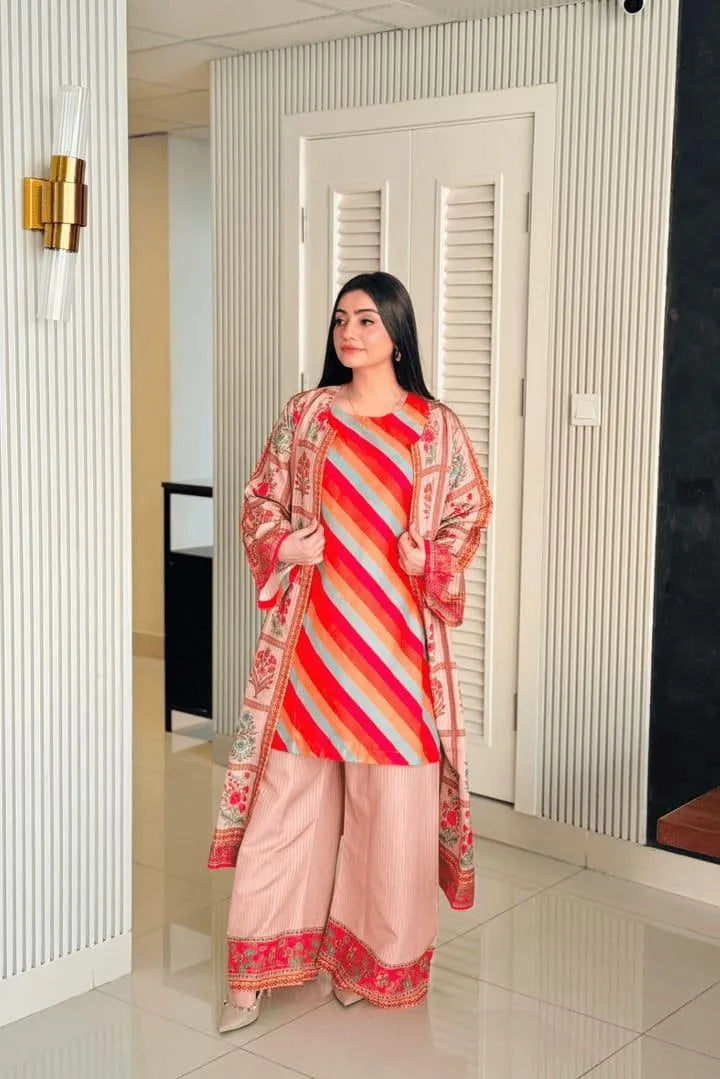 3 Pcs Women's Stitched Lawn Printed Gown Suit