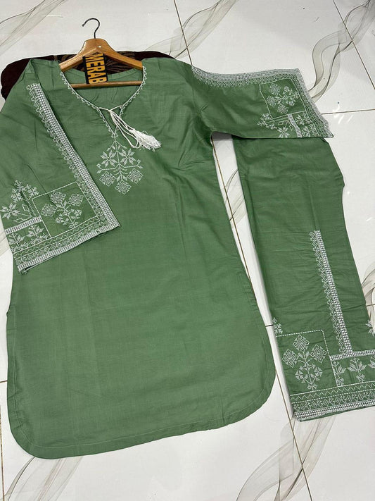 2 Pcs Women's Stitched Cotton Embroidered Shirt And Trouser
