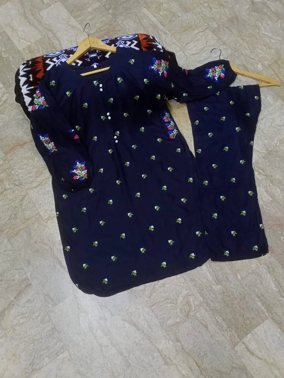 2 Pcs Women's Stitched Linen Embroidered Shirt And Trouser