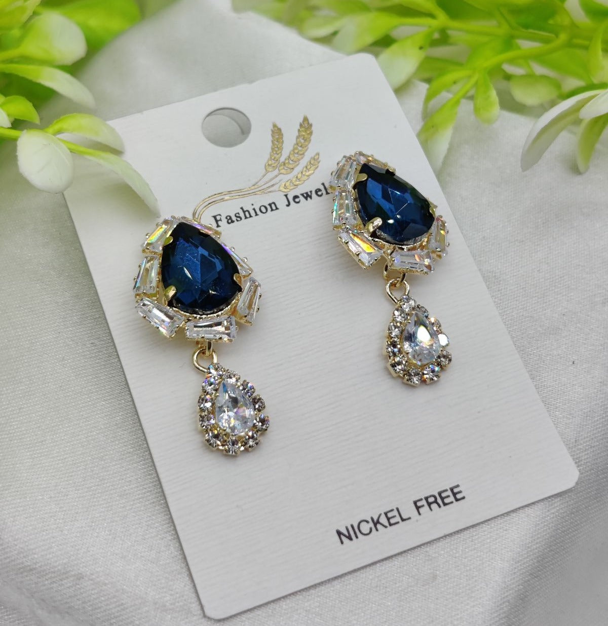 Imported Elegant Royal Blue Drop Earrings with Crystal Accents – Nickel-Free