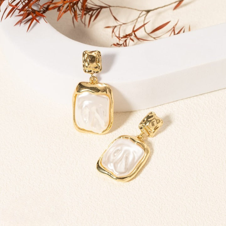 Elegant Korean Gold Foil Earrings with White Stone – Silver (PXT-115)