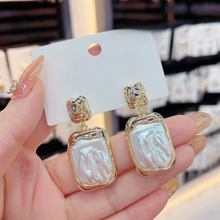 Elegant Korean Gold Foil Earrings with White Stone – Silver (PXT-115)