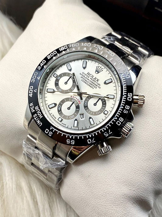 Rolex Daytona Rotating Bezel Quartz Machine | Quartz Chronograph Movement Silver Stainless Steel Strap Watch With Master Lock For Men ( Without Box ) - Silver Black Dial
