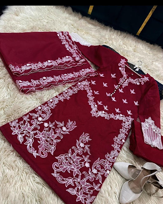 Women's Stitched Embroidered Suit Set in Maroon - 3 Pcs