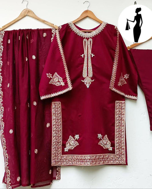 3 Pcs Women's Stitched Embroidered Suit