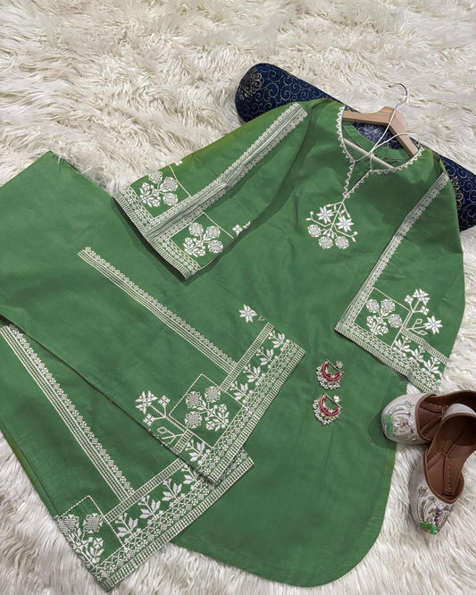 2 Pcs Women's Stitched Cotton Embroidered Shirt And Trouser