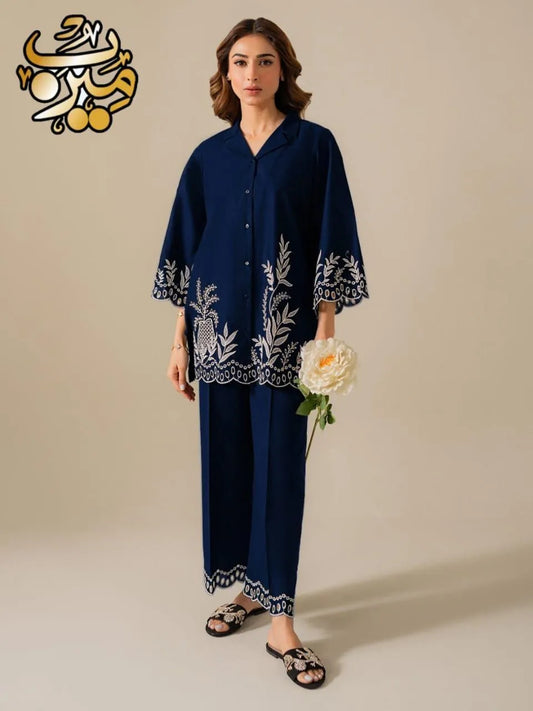 2 Pcs Women's Stitched Cotton Chikankari Embroidered Shirt And Trouser