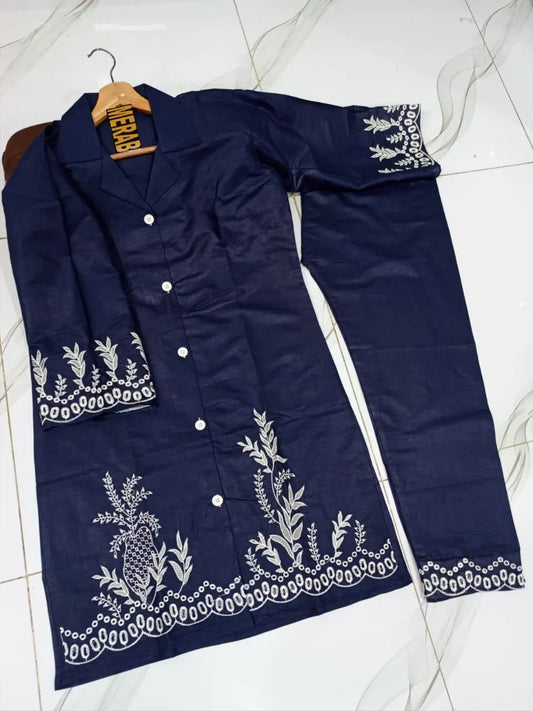 2 Pcs Women's Stitched Cotton Chikankari Embroidered Shirt And Trouser
