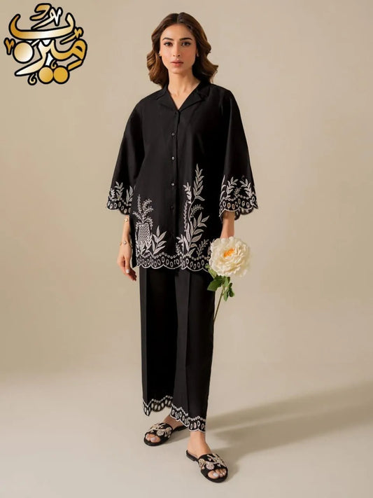 2 Pcs Women's Stitched Cotton Chikankari Embroidered Shirt And Trouser