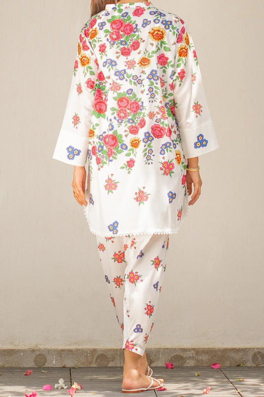 Stylish Printed V-Neck Shirt and Plain Trouser Set - 2 Pcs for Women