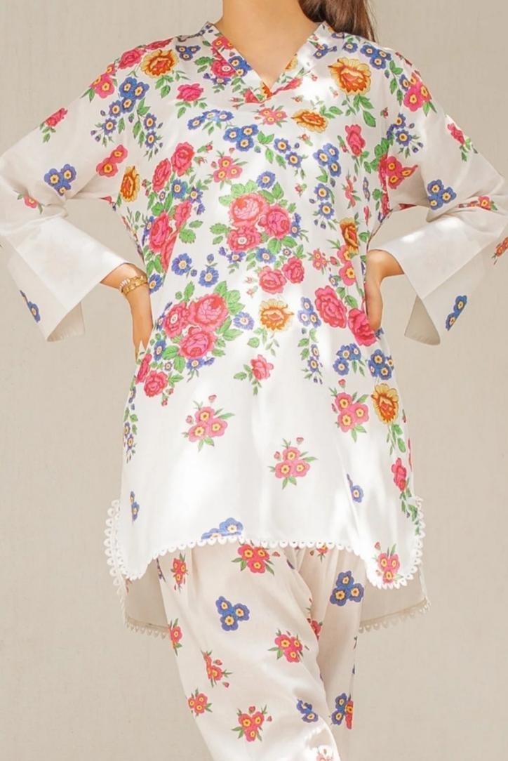 Stylish Printed V-Neck Shirt and Plain Trouser Set - 2 Pcs for Women